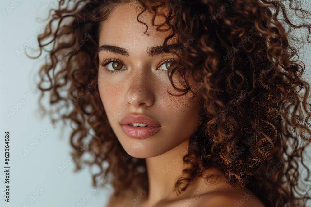Closeup of freckled face of a beautiful curly-haired woman on pastel background. Generative AI. Closeup of freckled face of a beautiful curly-haired woman on pastel background. Generative AI.