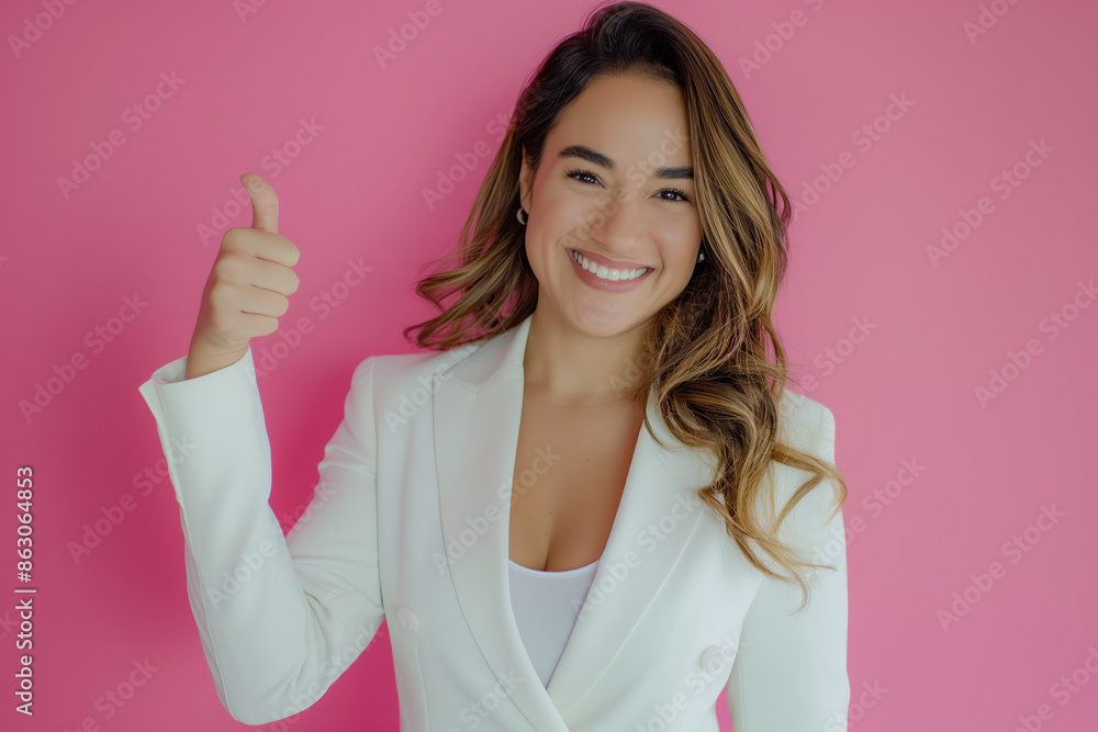 Young happy hispanic girl doing thumbs up gesture with hand over pink background. Generative AI. Young happy hispanic girl doing thumbs up gesture with hand over pink background. Generative AI.