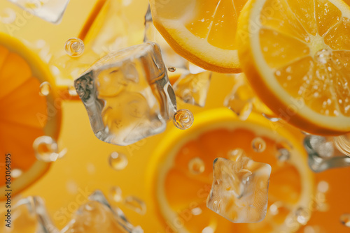 Orange slices and ice cubes with water splashes floating over orange background. Generative AI.