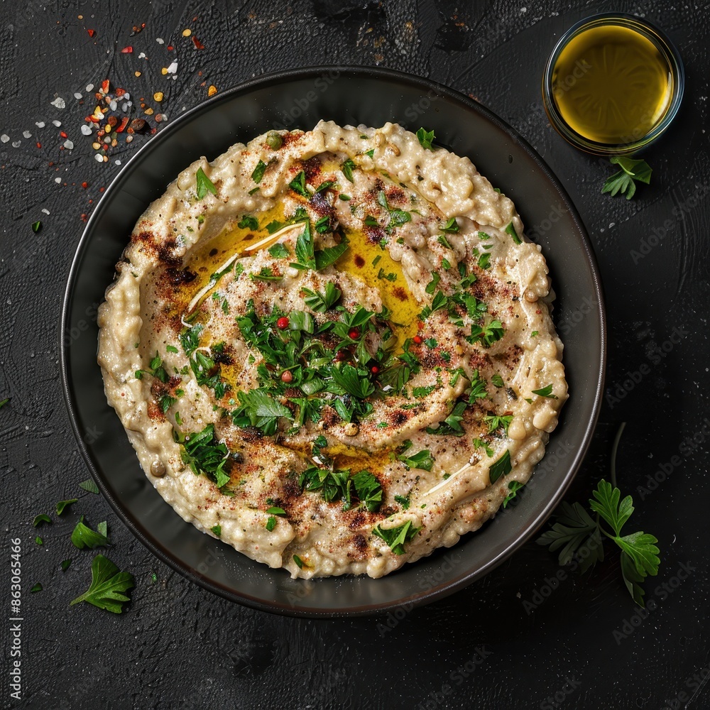Delicious Baba Ganoush Dip with Herbs, Spices, and Olive Oil. Middle Eastern and Mediterranean Cuisine, Vegetarian Appetizer. Delicious Baba Ganoush Dip with Herbs, Spices, and Olive Oil. Middle Eastern and Mediterranean Cuisine, Vegetarian Appetizer.