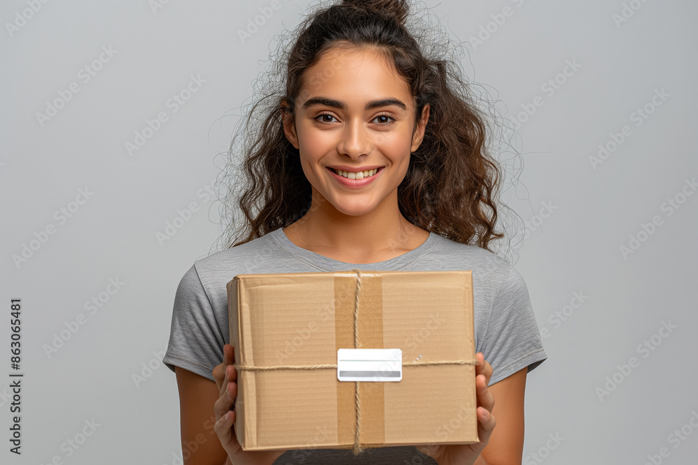 Kind young woman with curly hair holding a cardboard box on light background. Generative AI. Kind young woman with curly hair holding a cardboard box on light background. Generative AI.