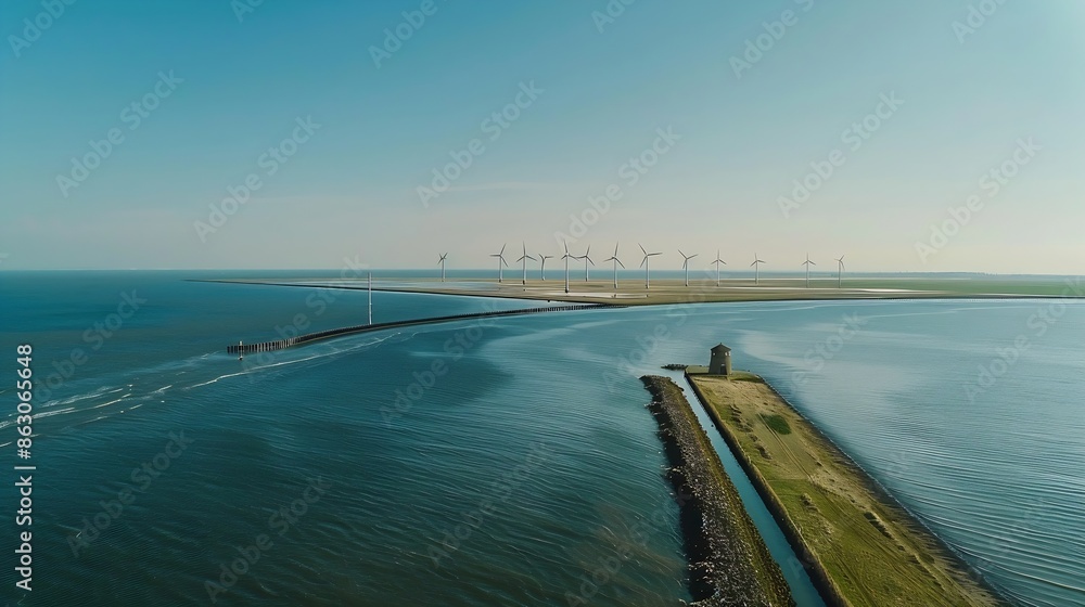 Windmill park in the ocean aerial view with wind turbine Flevoland Netherlands Ijsselmeer Green Energy production in the Netherlands : Generative AI