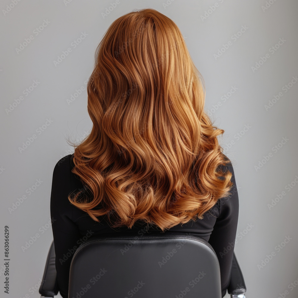 Naklejka premium A woman with long, wavy blonde hair viewed from the back, displaying her shiny curls