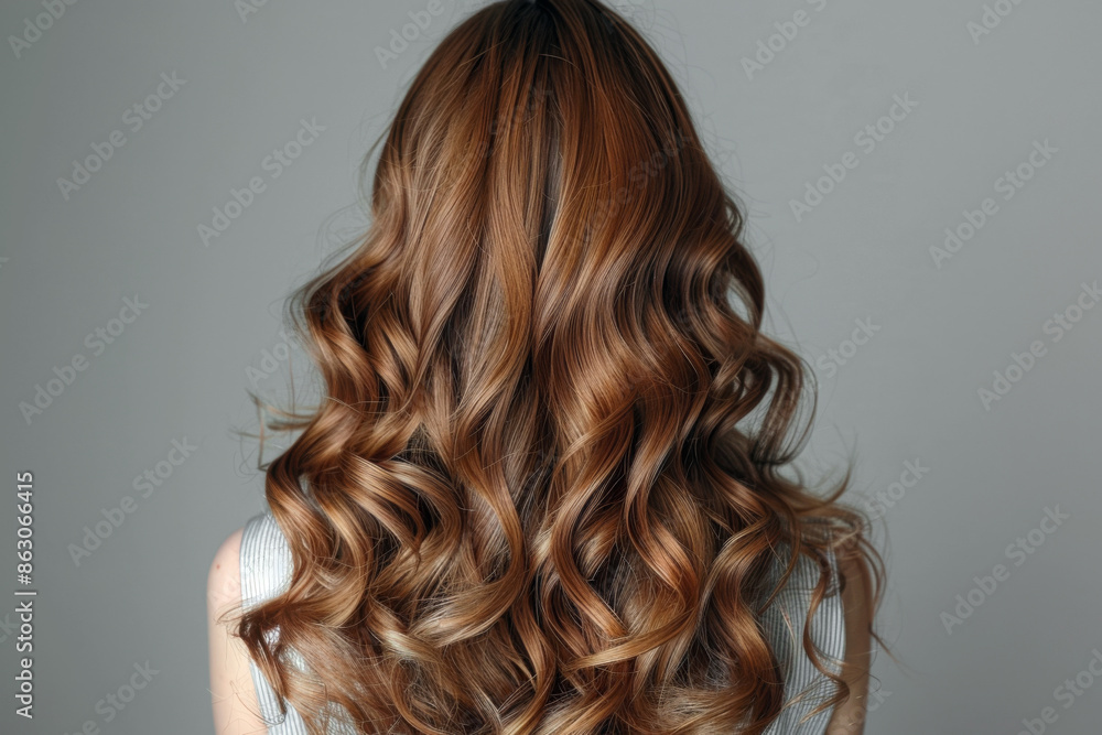 A woman with long, wavy brown hair viewed from behind, displaying her shiny curls A woman with long, wavy brown hair viewed from behind, displaying her shiny curls