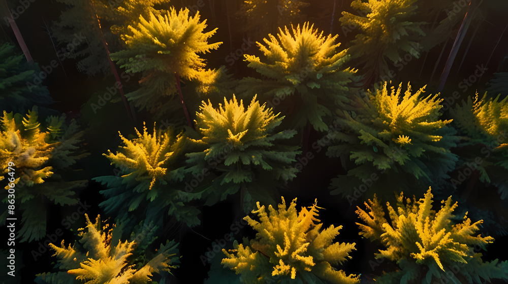 Aerial shot of a forest canopy at sunset, with the golden light highlighting the treetops and casting a warm glow over the landscape Aerial shot of a forest canopy at sunset, with the golden light highlighting the treetops and casting a warm glow over the landscape