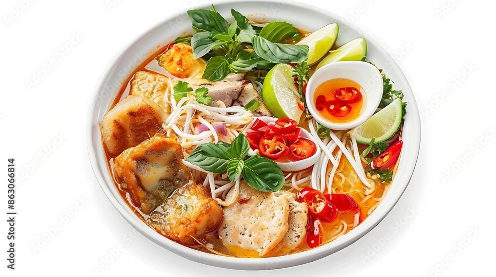 Banh canh cha ca Nha Trang Rice noodles soup with fish cake from Nha Trang Vietnamese food isolated on white background perspective view : Generative AI Banh canh cha ca Nha Trang Rice noodles soup with fish cake from Nha Trang Vietnamese food isolated on white background perspective view : Generative AI