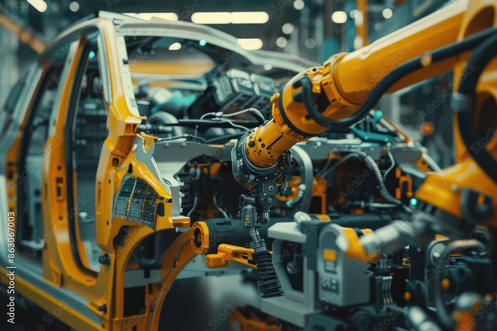 Highdefinition shot of a robotic arm performing maintenance on a cyber vehicle, with room for text Highdefinition shot of a robotic arm performing maintenance on a cyber vehicle, with room for text