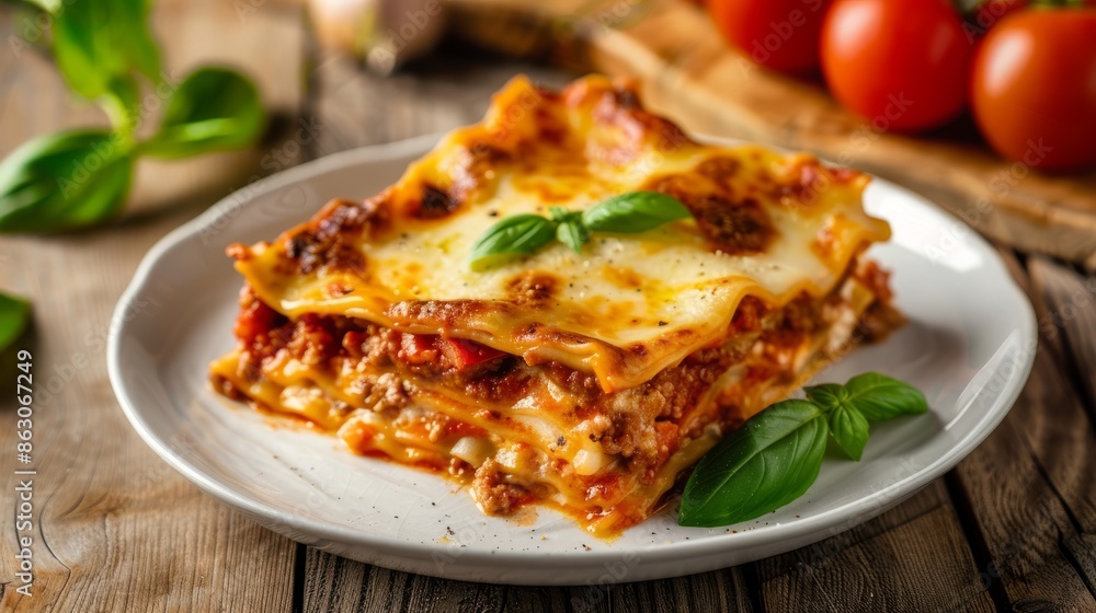 Portion of traditional italian lasagne/lasagna on white plate Portion of traditional italian lasagne/lasagna on white plate