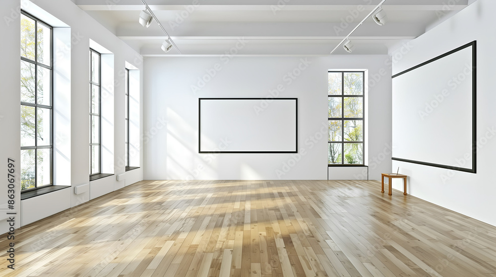 Obraz premium Empty Gallery Room With Large Windows and empty frames. Mock up
