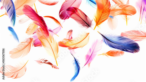 Colorful feathers floating against a white background photo