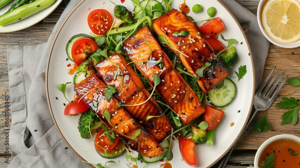 Salmon with honey soy glaze and fresh vegetables on plate overhead realistic close up photo Salmon with honey soy glaze and fresh vegetables on plate overhead realistic close up photo