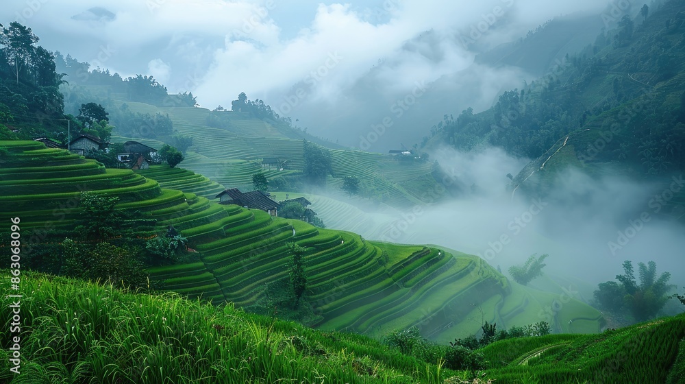 Fototapeta premium Mist-shrouded rice terraces with lush green foliage and distant mountains.