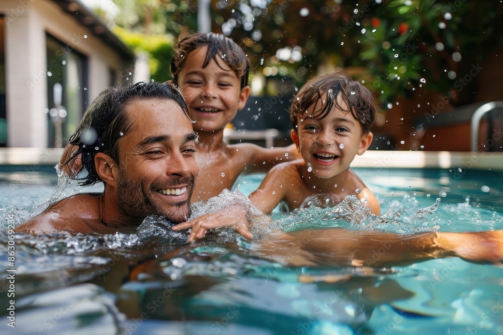 A father is happily playing with his two children in a swimming pool, creating moments of joy and togetherness in the comforting and refreshing water. A father is happily playing with his two children in a swimming pool, creating moments of joy and togetherness in the comforting and refreshing water.
