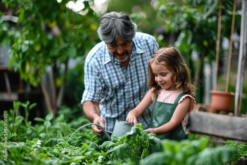 Wallpaper Mural A grandfather assisting his young granddaughter in watering plants in a lush garden, sharing a tender moment of bonding while teaching her about gardening and nature. Torontodigital.ca