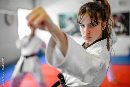 A determined young girl practicing a punch in a dojo, wearing a white karate uniform and intensely focused, embodying strength, discipline, and martial arts commitment. photo