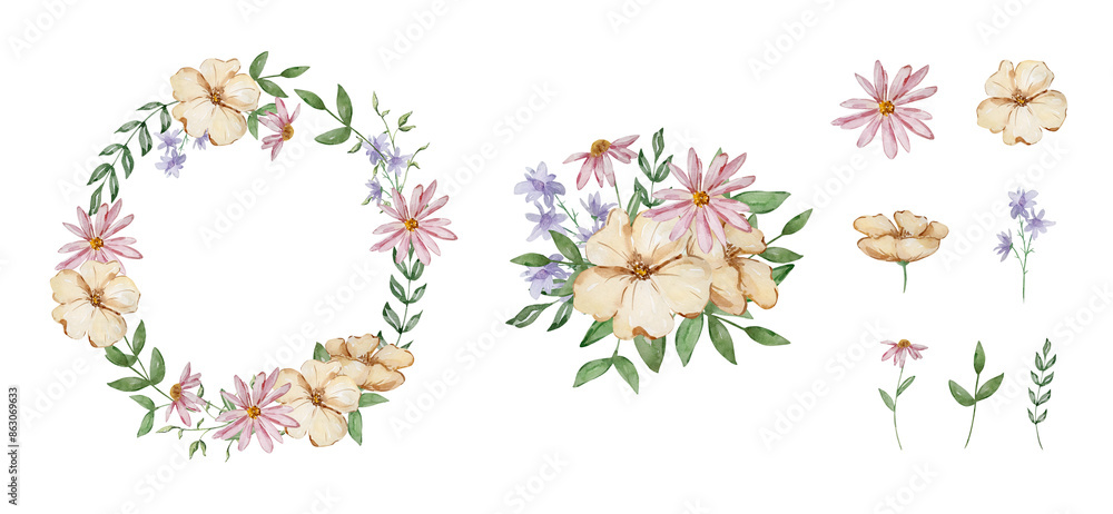 Fototapeta premium Border with watercolor garden flowers and leaves
