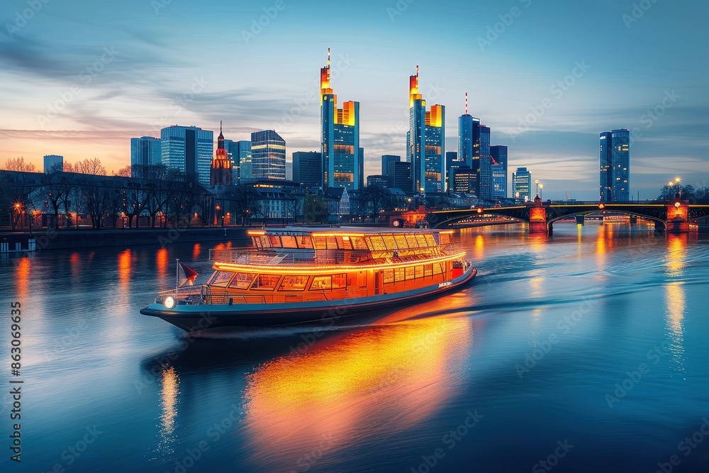 A magnificent cruise boat glides through the water with a vibrant cityscape in the background during evening hours, showcasing the beauty of urban life and water travel. A magnificent cruise boat glides through the water with a vibrant cityscape in the background during evening hours, showcasing the beauty of urban life and water travel.