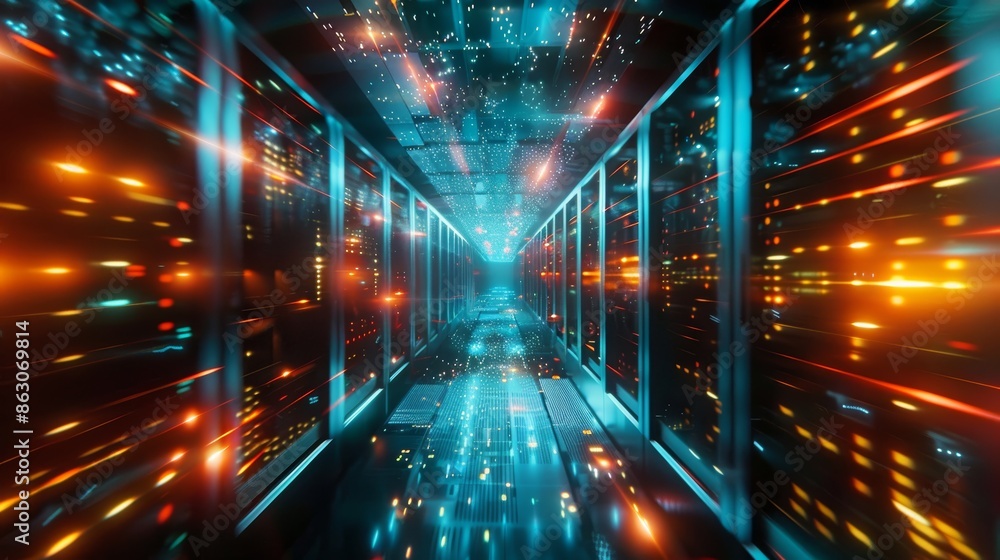 Shot of Corridor in Working Data Center Full of Rack Servers and Supercomputers with Internet connection Visualization Projection, technology, digital, futuristic, future, Shot of Corridor in Working Data Center Full of Rack Servers and Supercomputers with Internet connection Visualization Projection, technology, digital, futuristic, future,