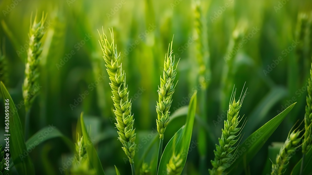 Fresh ears of green wheat on nature in spring field Agriculture scene Green Wheat field nature landscape : Generative AI Fresh ears of green wheat on nature in spring field Agriculture scene Green Wheat field nature landscape : Generative AI