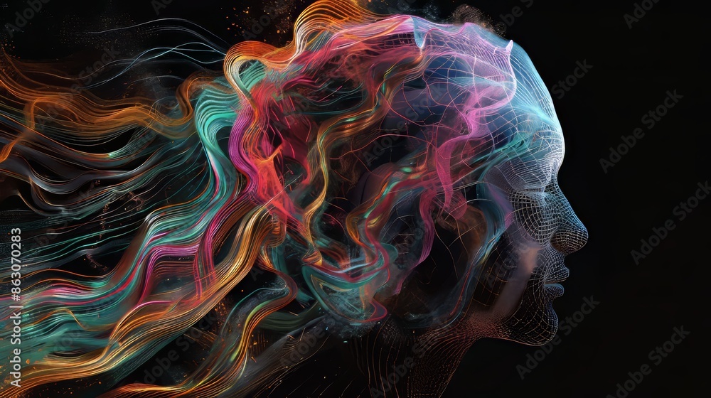 Vibrant 3d digital art of human head and body in swirling light lines on black background Vibrant 3d digital art of human head and body in swirling light lines on black background