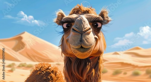 Smiling Camel In Desert Landscape On Sunny Day