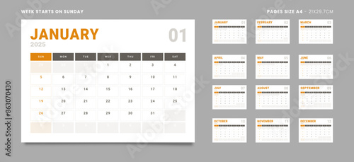 Set of 12 Pages Monthly Calendar Planner Templates on 2025 year. Vector mockup of a wall or desktop calendar with the week start on Sunday for print in grey and red color. Pages size Letter -8.5x11 in