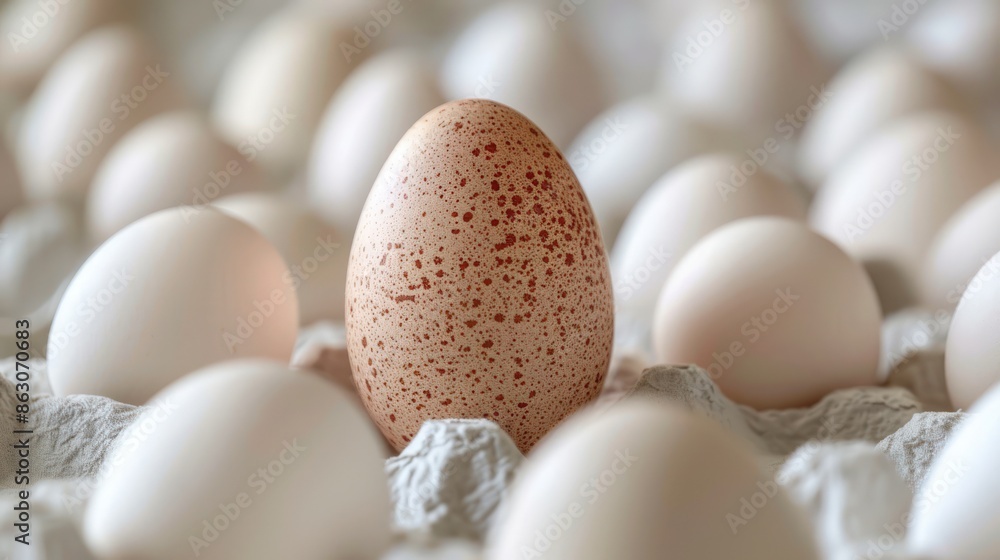 A single egg is surrounded by many other eggs. Generate AI image