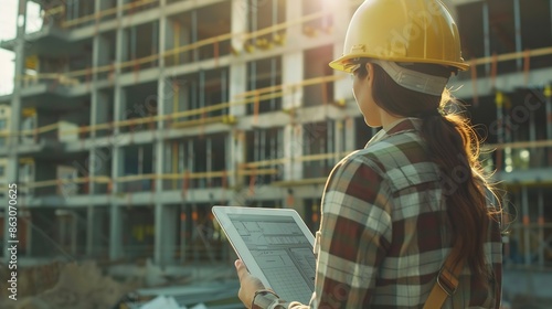 Construction woman tablet or architect blueprint with engineer planning documents or research on web for innovation idea Design engineering or tech for creative strategy in constructio : Generative AI photo