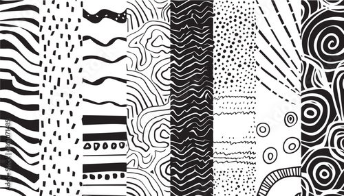 Black and white line doodle abstract  seamless on white background
