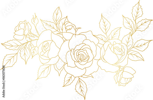 Luxury Rose flowers gold line art illustration