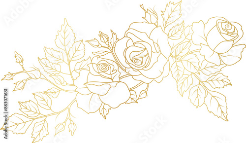 Luxury Rose flowers gold line art illustration