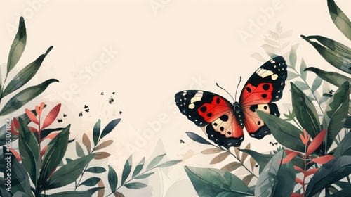 Red spotted butterfly among foliage with space for text photo