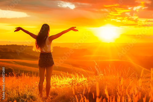 Woman Enjoying a Golden Sunset in a Field of Tall Grass with Outstretched Arms