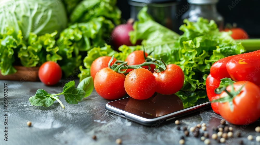 Fresh Red Vegetables With Green Lettuce on Dark Surface Fresh Red Vegetables With Green Lettuce on Dark Surface