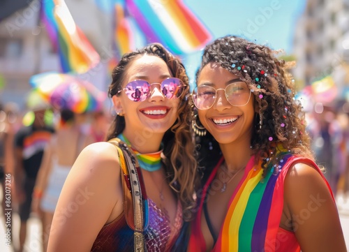 Two jubilant young women, one with curly hair and glasses, celebrate Pride in vibrant rainbow attire, basking in the bright sunshine. A supportive crowd fills the background.