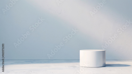 White cylinder podium on a light grey background with sunlight. Minimal product display.