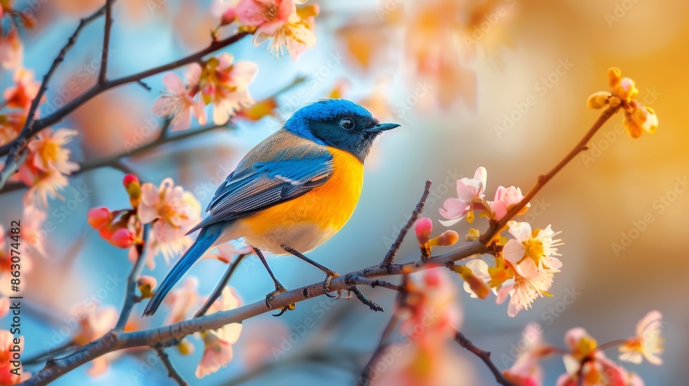 Vibrant Bluebird Perched on a Branch of Delicate Pink Blossoms Vibrant Bluebird Perched on a Branch of Delicate Pink Blossoms