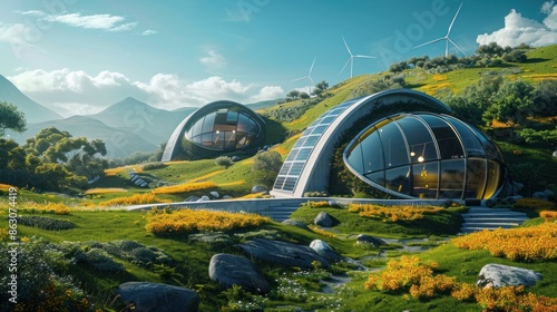 Futuristic eco-friendly house with solar panels.