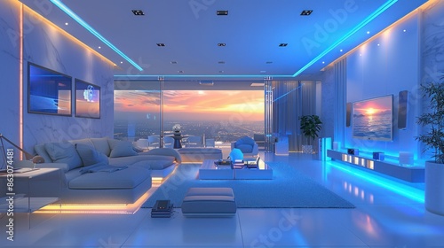 Luxury living room with neon accents and modern design. photo