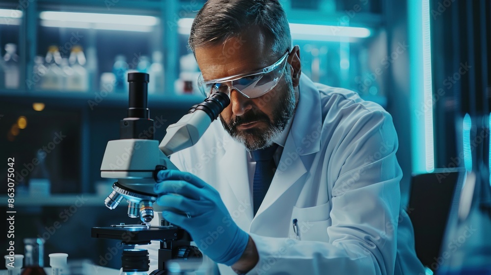 Scientist using a microscope in a laboratory. Scientist using a microscope in a laboratory.