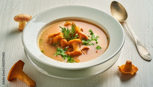 Soup with chanterelles and herbs, whitw wooden background photo
