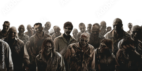 Crowd Of Eerie Undead Zombies. Horror And Scary Concept. Creepy Horde Of Zombies on Isolated Background