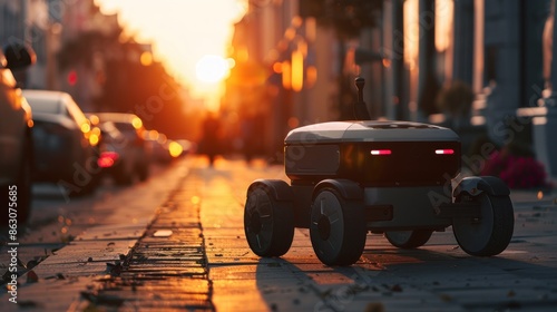 Small autonomous robot moving on an urban street photo