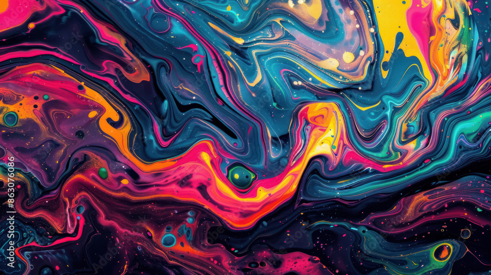 vibrant fluid art background with swirling neon colors in abstract design, yellow,pink with dominant dark blue vibrant fluid art background with swirling neon colors in abstract design, yellow,pink with dominant dark blue