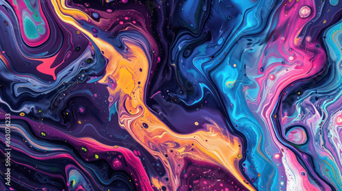vibrant fluid art background with swirling neon colors in abstract design, yellow,pink with dominant dark blue