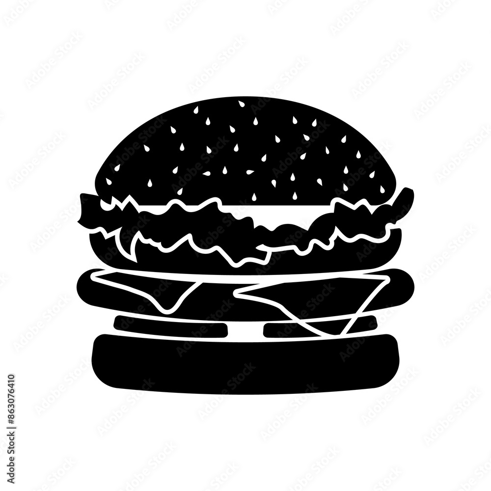 Illustration showing a black burger icon on a white background. Fast food Illustration showing a black burger icon on a white background. Fast food