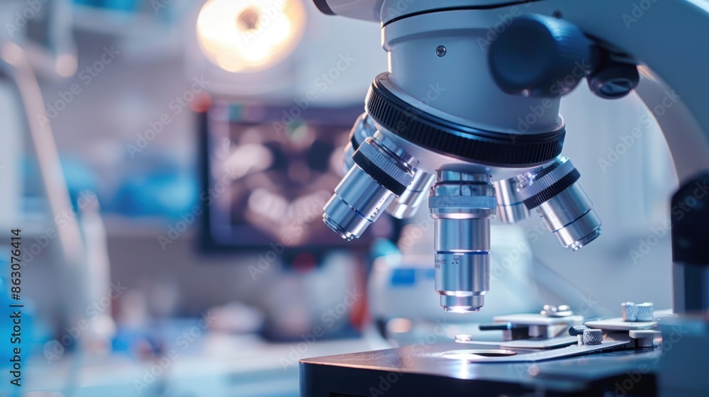 Close-up of a microscope in use in a laboratory Close-up of a microscope in use in a laboratory