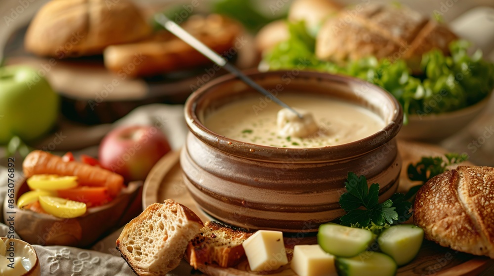A detailed shot of a cheese fondue pot with melted cheese bubbling inside, surrounded by an assortment of dipping items like bread cubes, vegetables, and apples A detailed shot of a cheese fondue pot with melted cheese bubbling inside, surrounded by an assortment of dipping items like bread cubes, vegetables, and apples