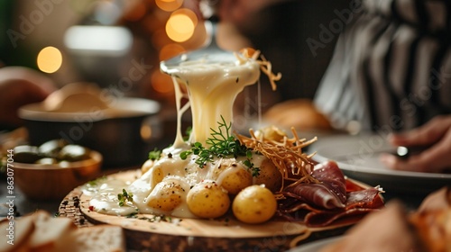 Fototapeta Naklejka Na Ścianę i Meble -  Close up shot of a raclette setup, with melted cheese being scraped onto a plate of boiled potatoes, pickles, and cured meats
