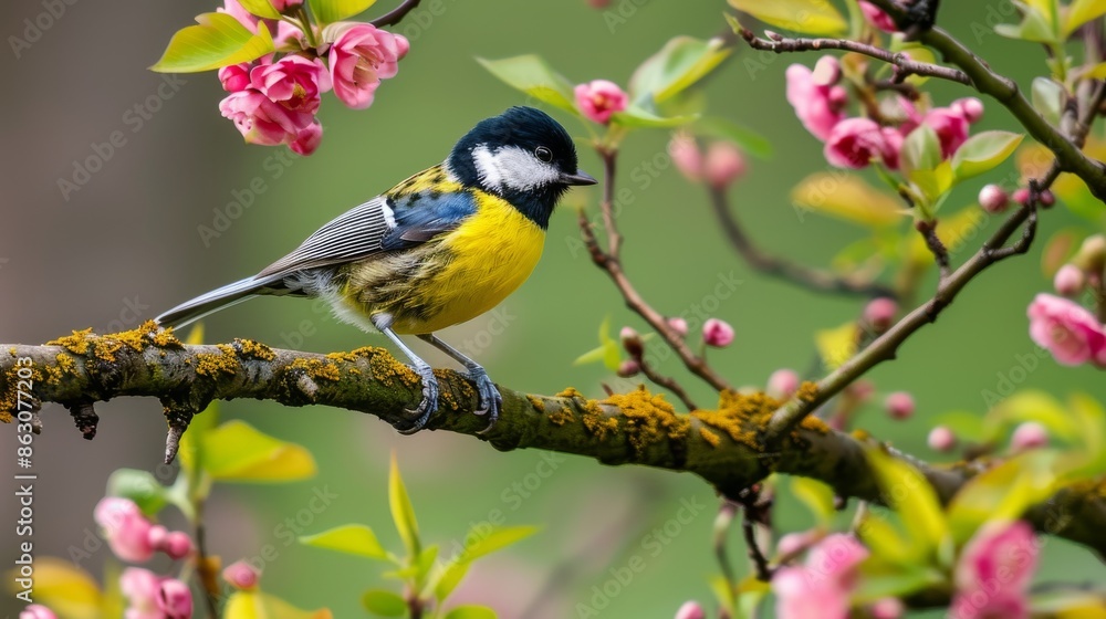 A Small Bird Perched on a Branch with Pink Flowers A Small Bird Perched on a Branch with Pink Flowers